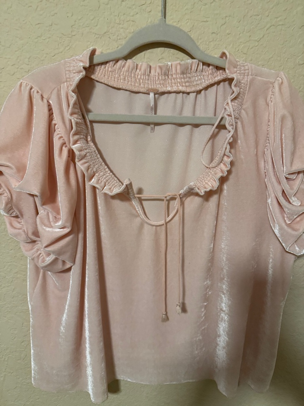 Free People Blush Pink Velvet Ruffle Tie-Neck Blouse